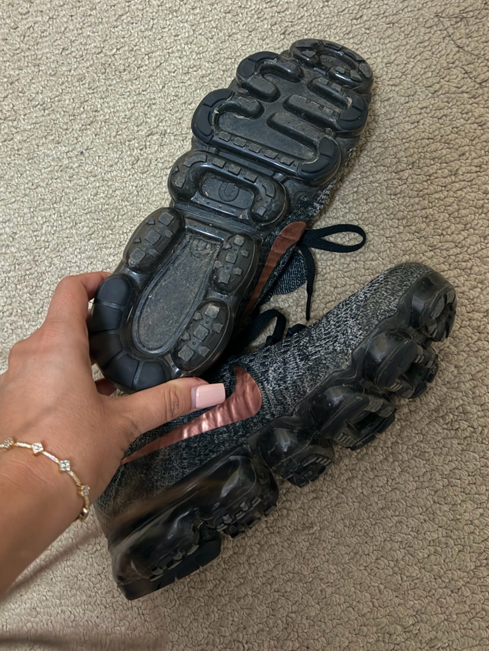 Nike Flyknit VaporMax Sneakers in Gray with Pink Swoosh - Picture 3 of 3